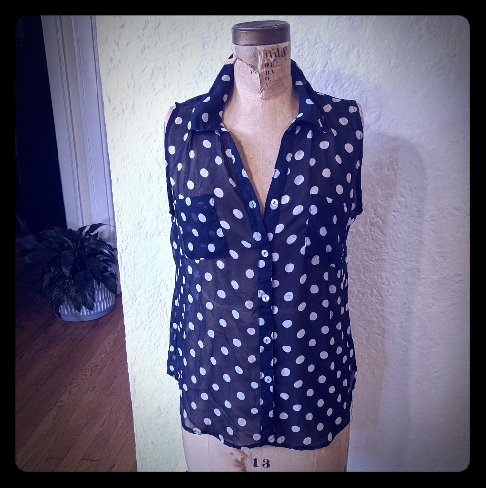 Fun & flirt sheer black w/white polka dot blouse